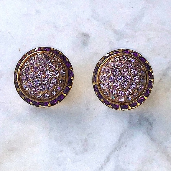 VINTAGE EARRINGS AMETHYST & LILAC AUSTRIAN CRYSTALS ROUND BUTTON SHAPE - Picture 8 of 11